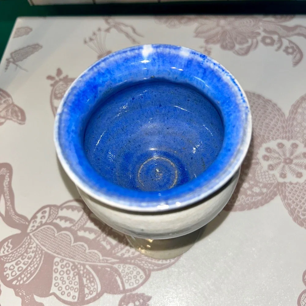 Handmade‎ Studio Pottery Chalice Cobalt Blue Glaze Interior Cream Stoneware 6